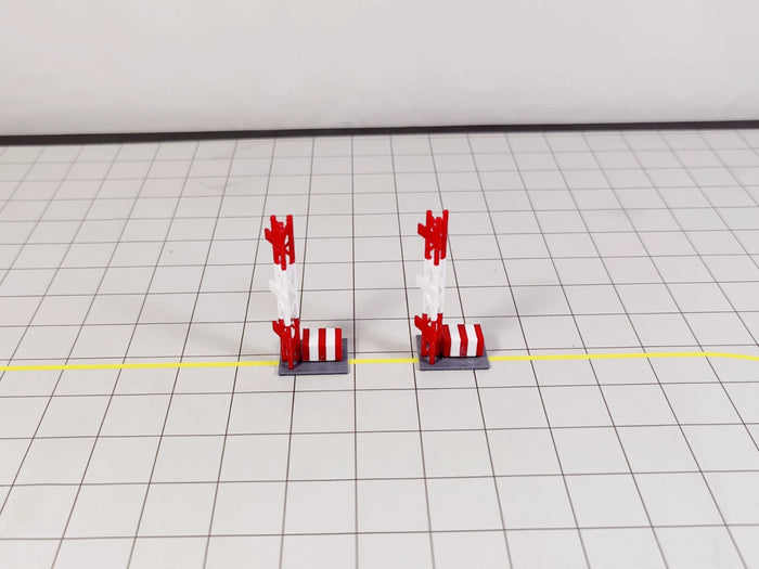 Two red and white ILS antenna towers aircraft scenery models in 1:200 scale.