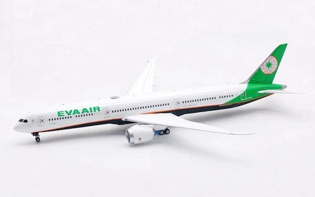 Miniature Boeing 787-10 EVA Air aircraft model with display stand at 1:200 scale.