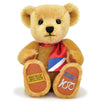 Handmade British Airways mohair teddy bear wearing a scarf, featuring a hand-stitched smile and 100 paw emblem.